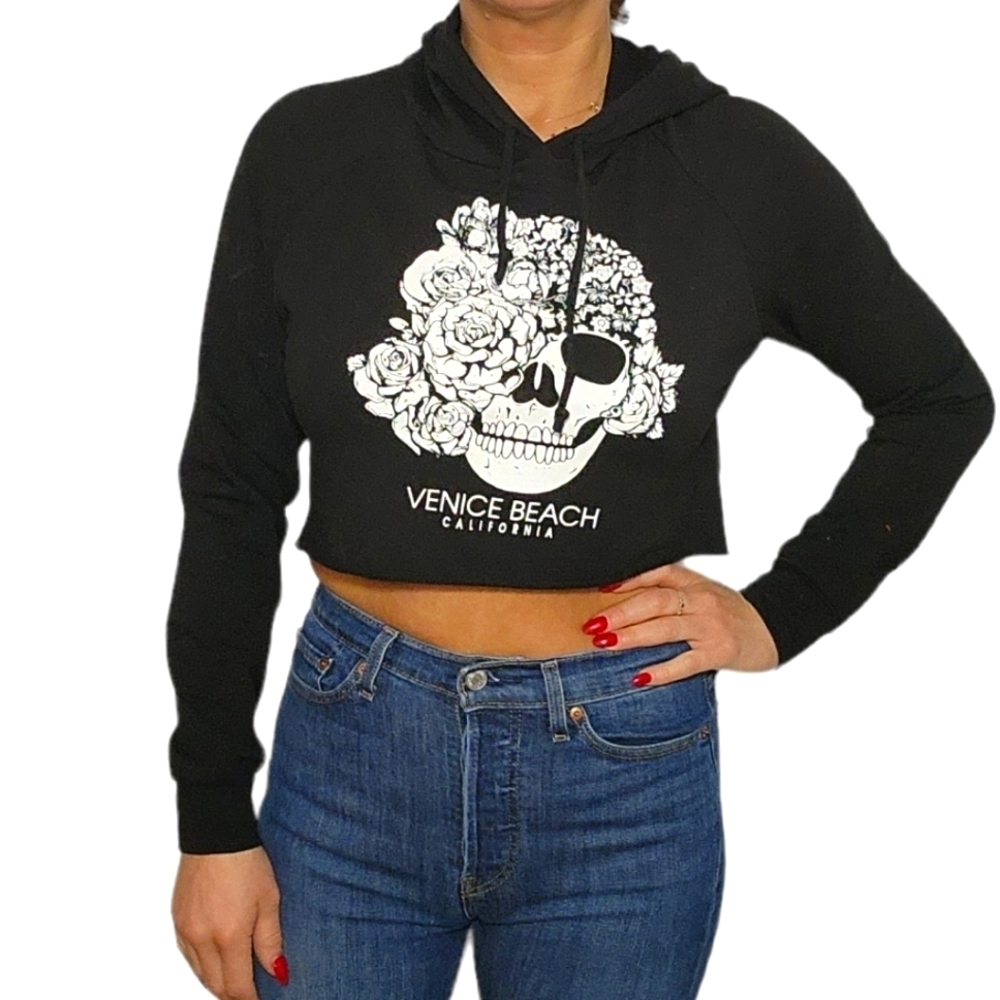 Ever Hottie VENICE BEACH Crop Long Sleeve Hoodie Shirt Black Top Size Small